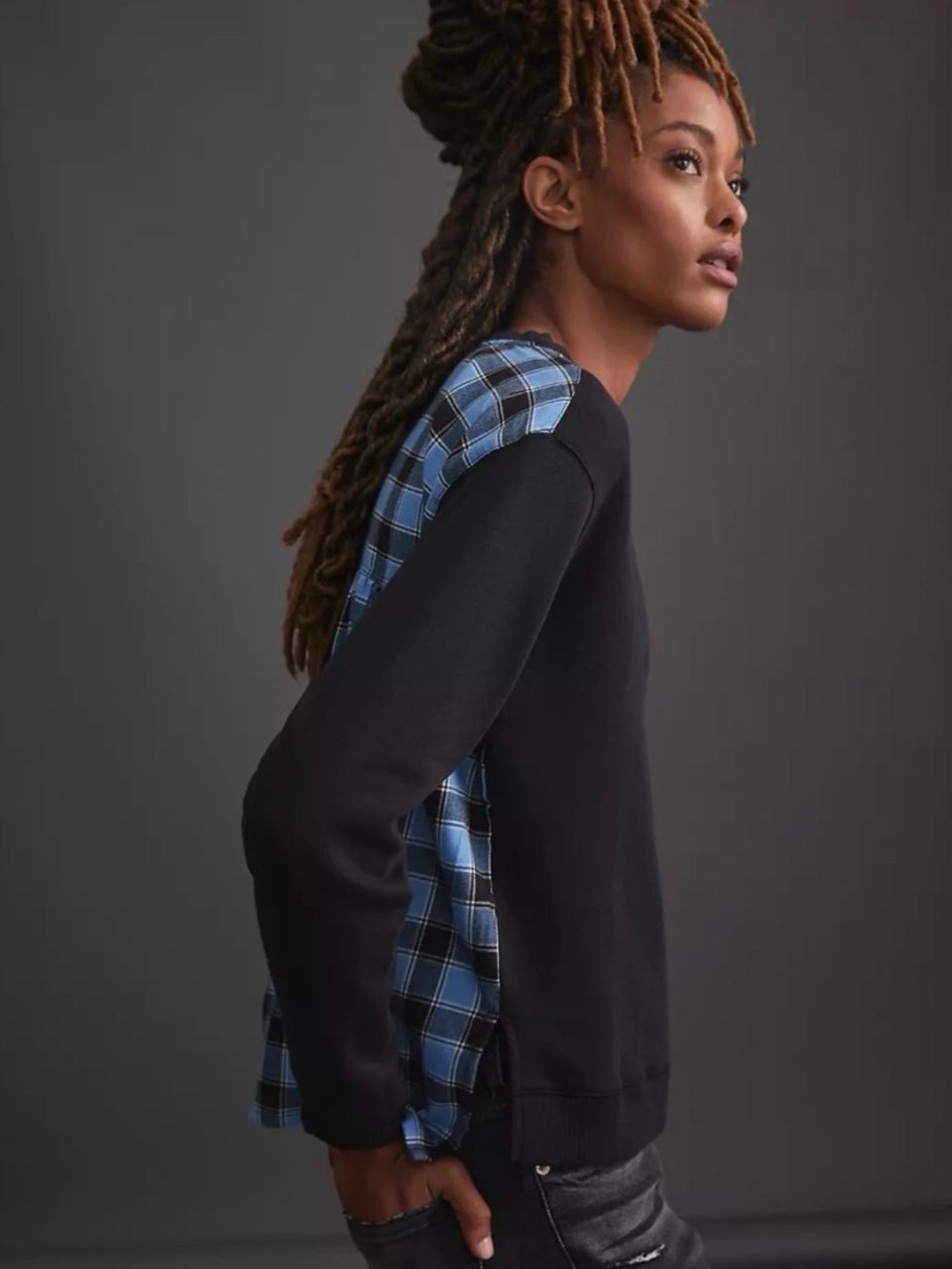 Anthropologie Pilcro Contrast Mixed Media Flannel Sweatshirt Blue Sz M